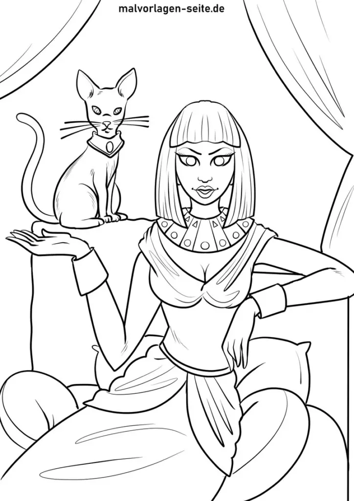 aegyptische-koenigin-mit-katze-malvorlage