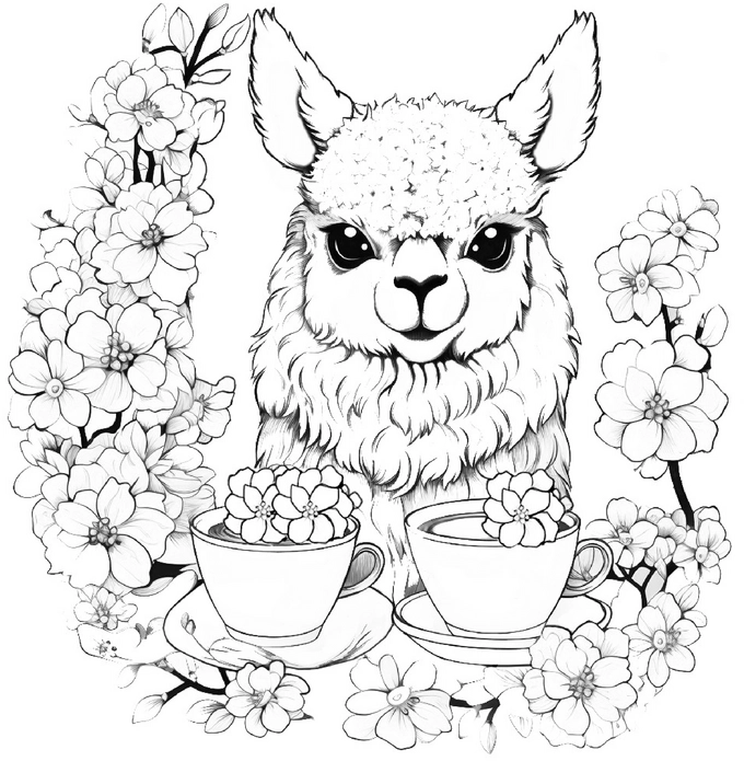 alpaka-blumen-und-teetassen-malvorlage