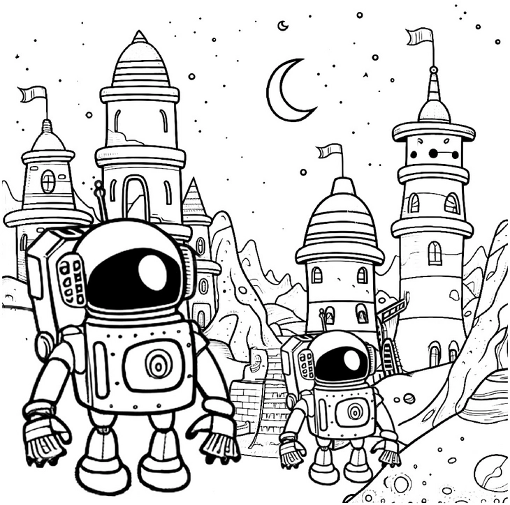 astronauten-im-weltall-mit-tuerme-zum-ausmalen