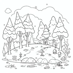 ausmalbild-wald-mit-nadelbaeumen-und-bachlauf