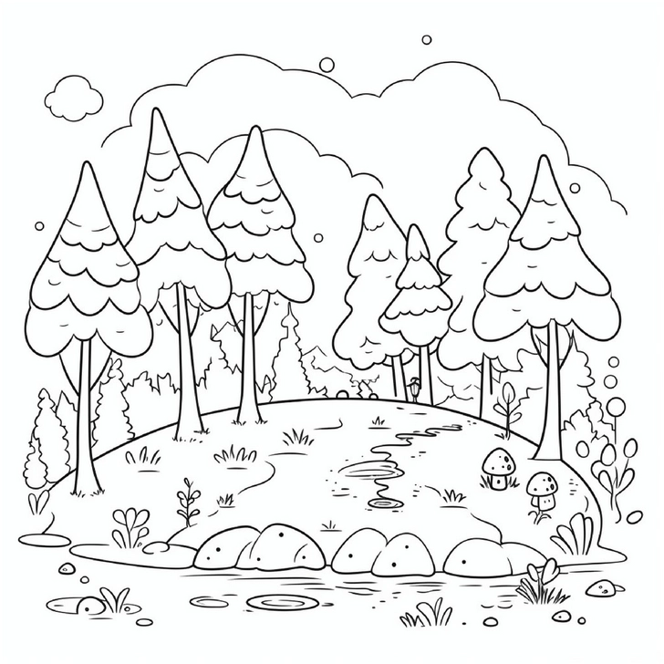 ausmalbild-wald-mit-nadelbaeumen-und-bachlauf