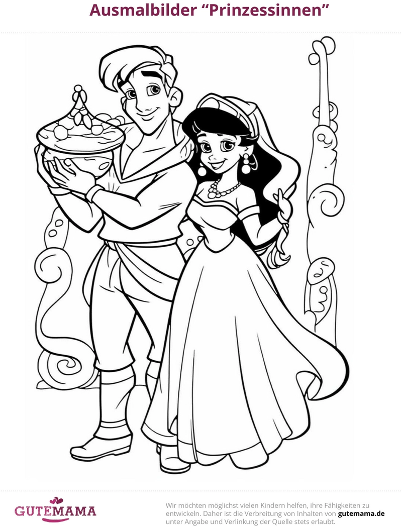 ausmalvorlage-prinzessinnen-torte-und-prinz-zu-zweit