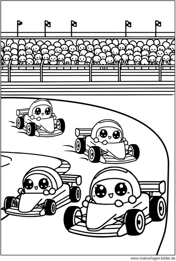 autorennen-mit-niedlichen-rennwagen-ausmalbild-fuer-kinder
