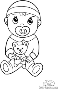baby-mit-schnuller-und-teddybaer-ausmalvorlage