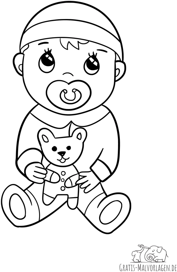 baby-mit-schnuller-und-teddybaer-ausmalvorlage
