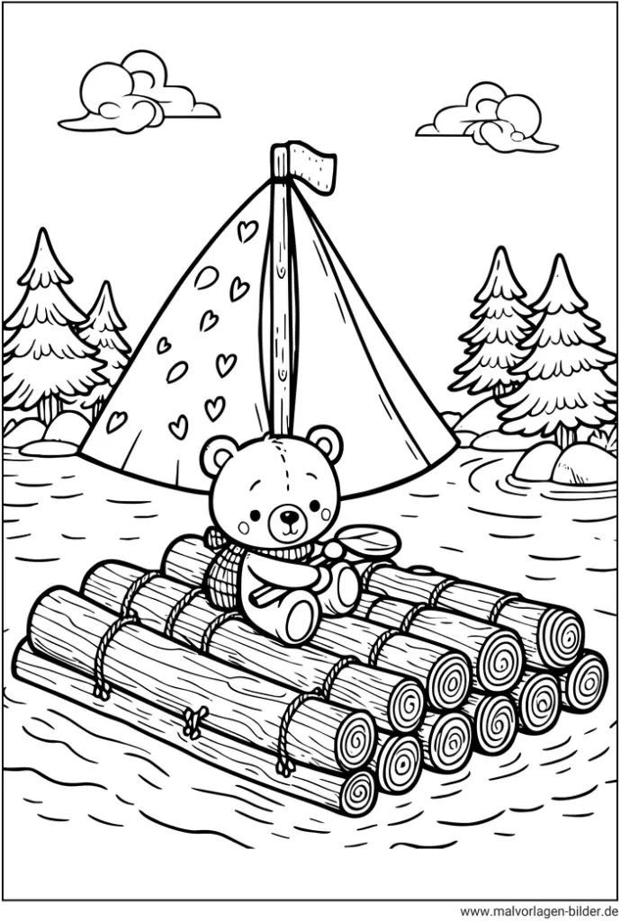 baer-auf-floss-in-der-natur-ausmalvorlage