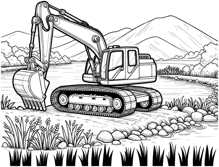 bagger-ausmalvorlage-am-fluss-mit-natur