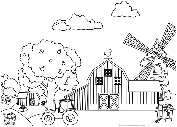 bauernhof-szene-windmuehle-traktor