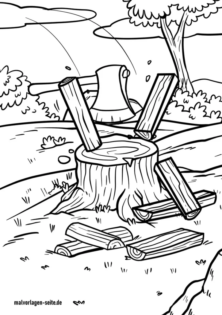 baumstumpf-mit-axt-und-holzstuecken