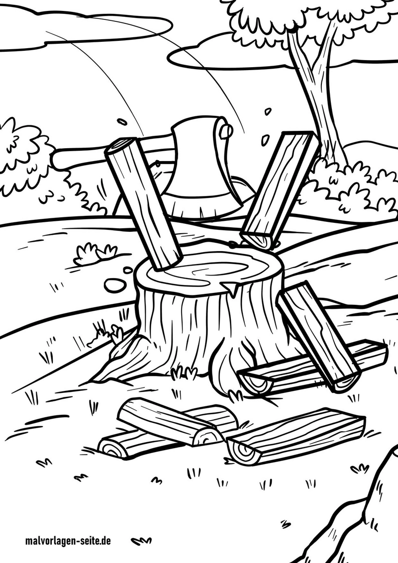 baumstumpf-mit-axt-und-holzstuecken