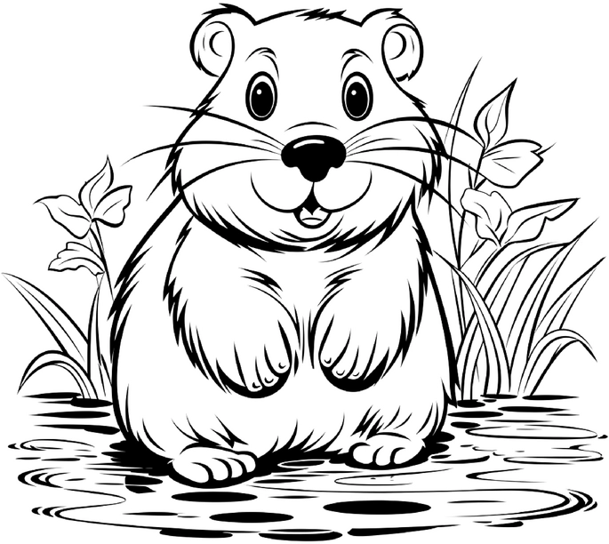 biber-malvorlage-am-wasser-mit-pflanzen