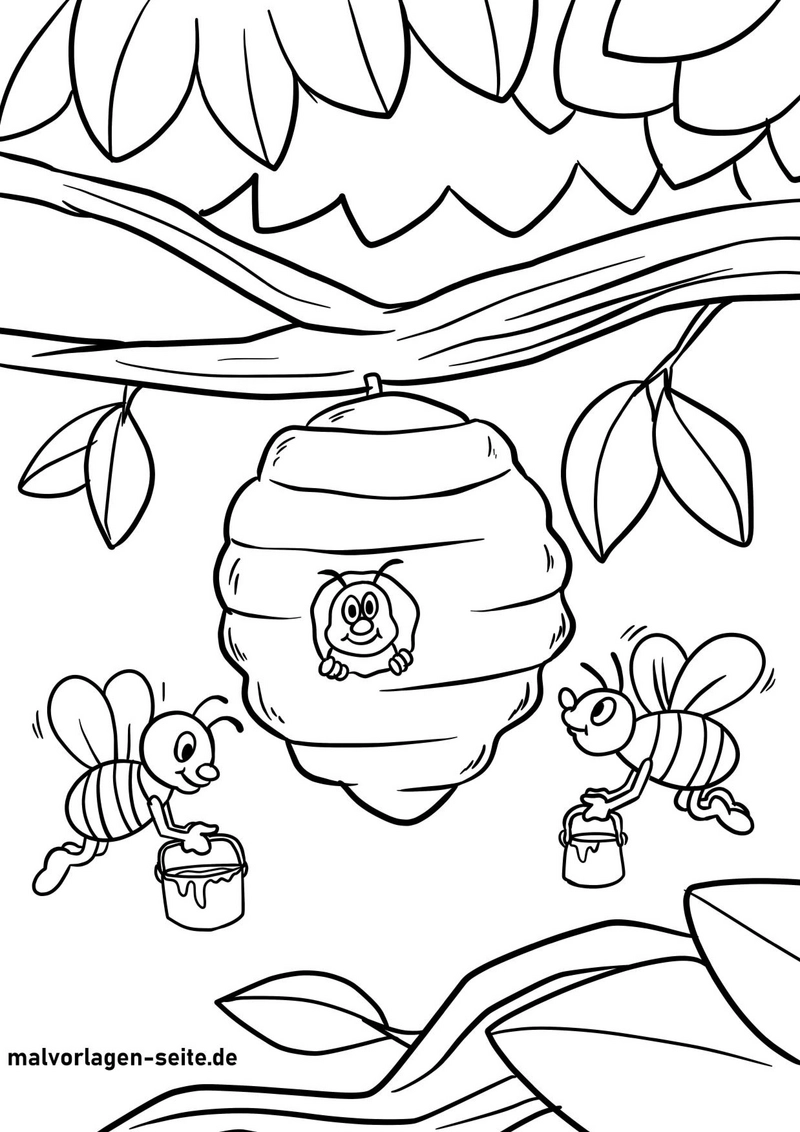 bienenstock-mit-bienen-ausmalvorlage