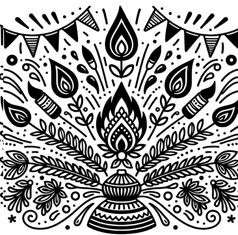 blumige-motive-und-feuerstelle-malvorlage