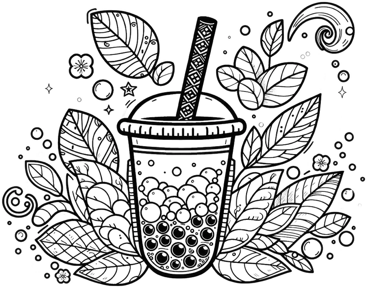 bubble-tea-ausmalvorlage-mit-blaettern-und-pflanzen