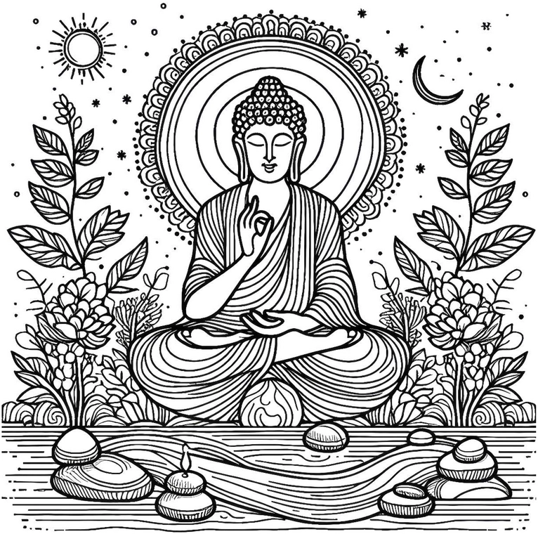 buddha-in-meditation-mit-pflanzen-ausmalvorlage