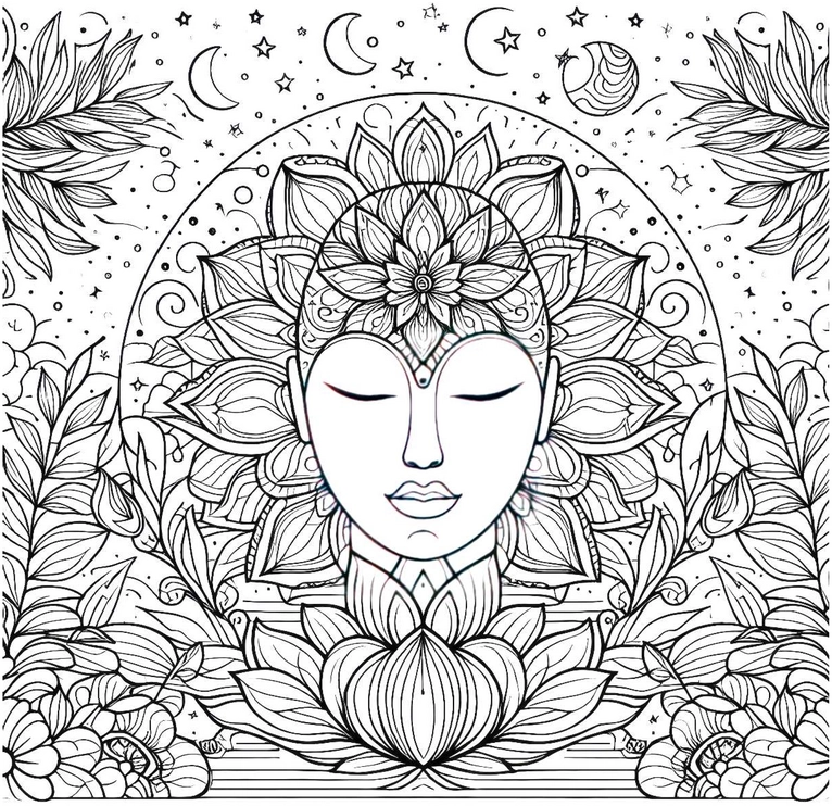 buddha-motiv-ausmalvorlage-mit-blumen-und-sternen