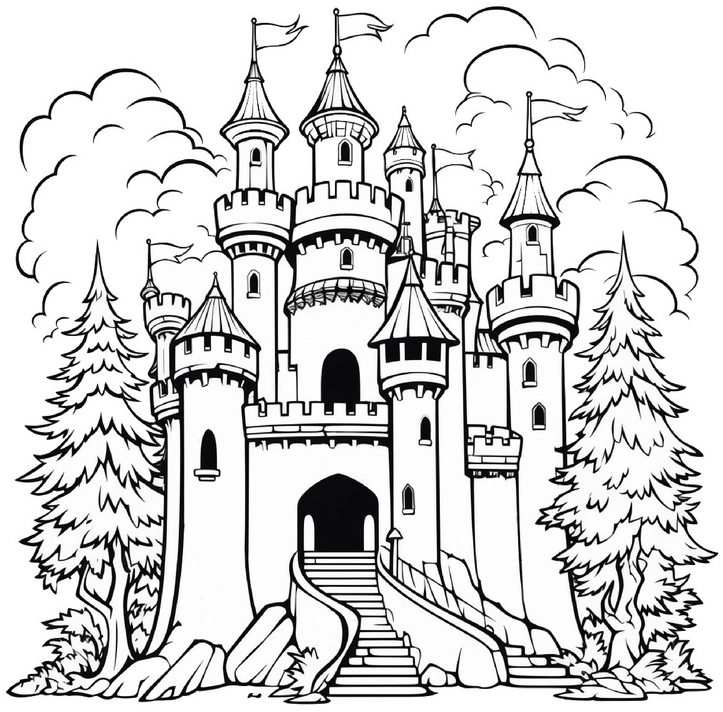 burg-malvorlage-mit-wolken-und-baeumen