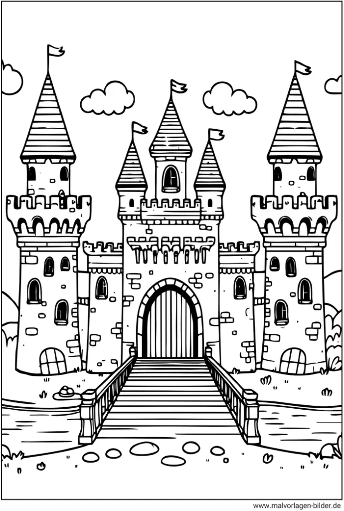 burg-mit-tuerme-und-bruecke-ausmalvorlage