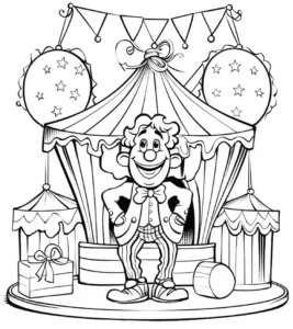 clown-vor-zirkuszelt-mit-ballons-und-geschenken