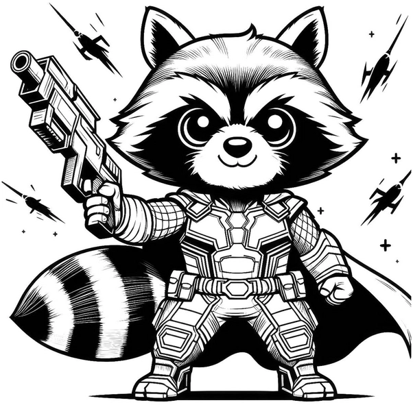 comic-artiger-waschbaer-mit-raumschiffen-ausmalvorlage