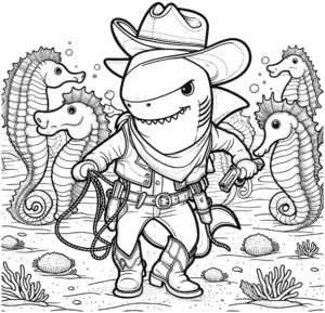 cowboy-hai-und-seepferdchen-malen-vorlage