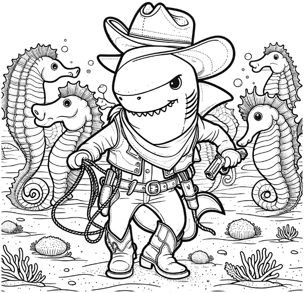 cowboy-hai-und-seepferdchen-malen-vorlage