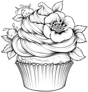 cupcake-mit-blueten-und-erdbeeren-ausmalbild
