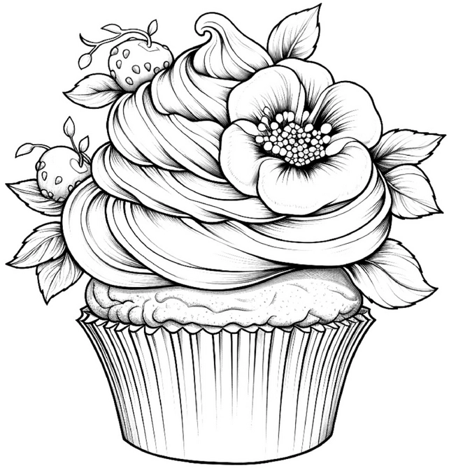 cupcake-mit-blueten-und-erdbeeren-ausmalbild