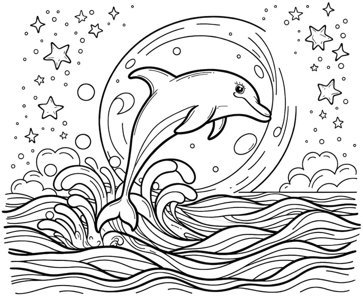 delfin-mit-mond-und-sternen-malvorlage