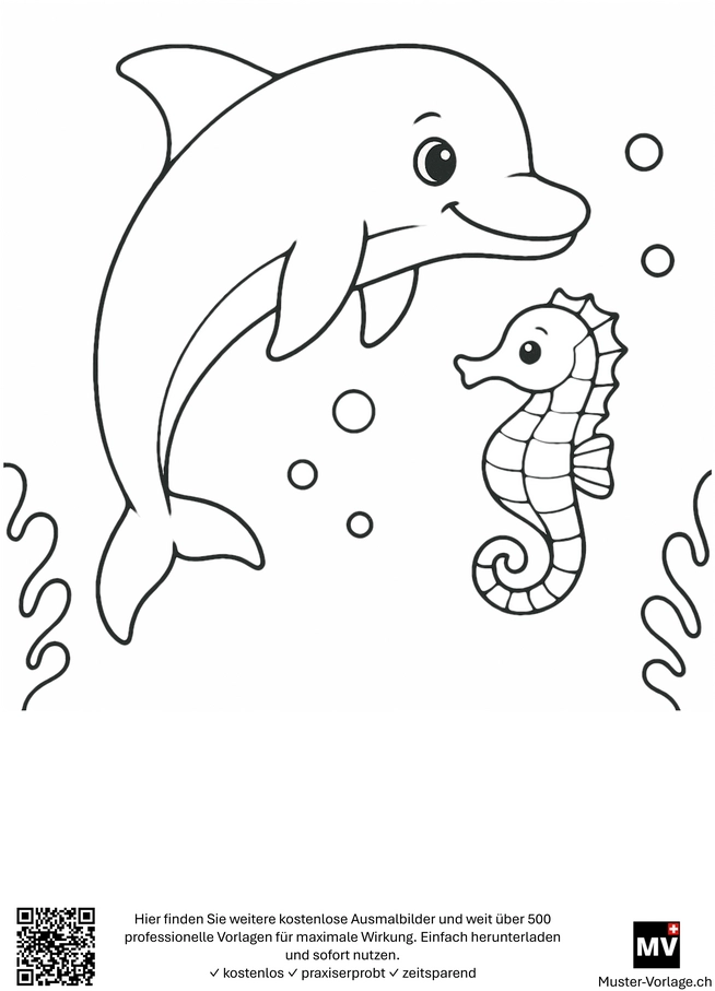 delfin-mit-seepferdchen-ausmalvorlage