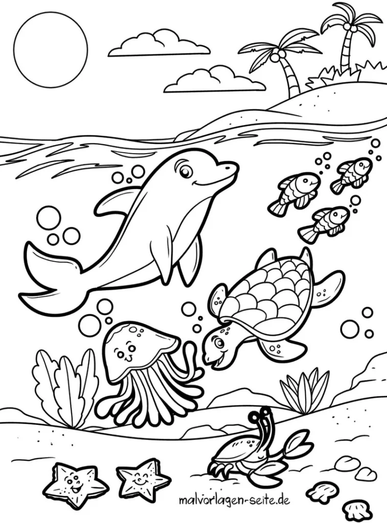 delphine-und-meeresbewohner-ausmalvorlage