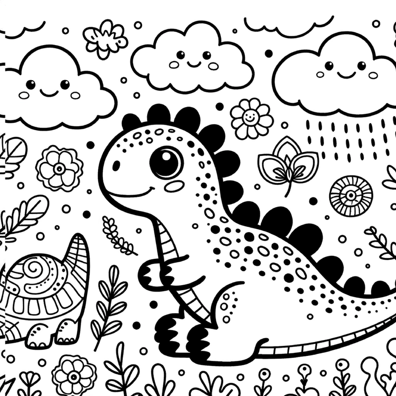 dinosaurier-mit-blumen-und-wolken-ausmalvorlage