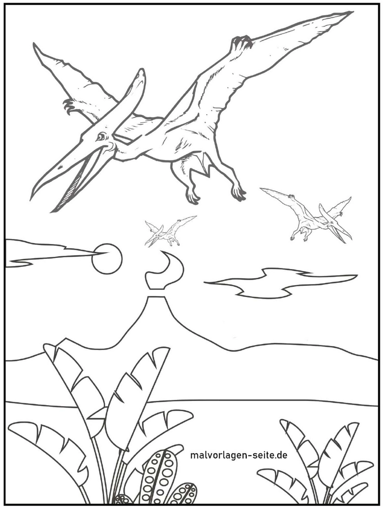 dinosaurier-mit-pterodaktylen-und-vulkan-malen