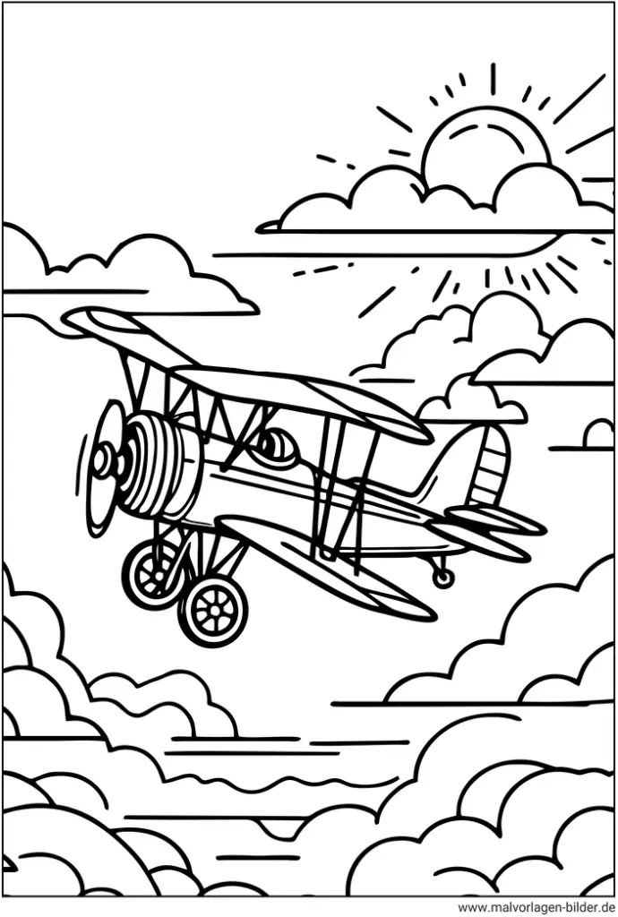 doppeldecker-flugzeug-himmel-ausmalbild