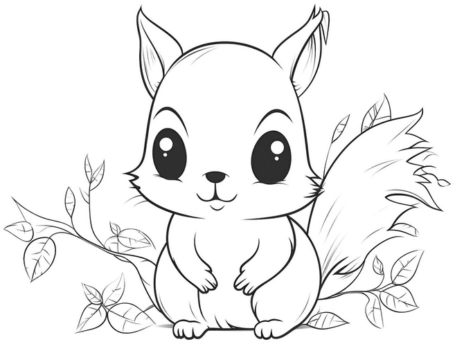 eichhoernchen-mit-laub-und-zweigen-ausmalvorlage