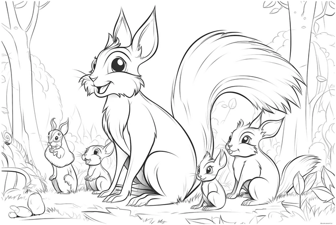 eichhoernchen-und-waldbewohner-szene-ausmalbild