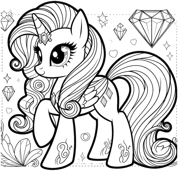 ein-horn-pony-diamanten-herzen-ausmalvorlage