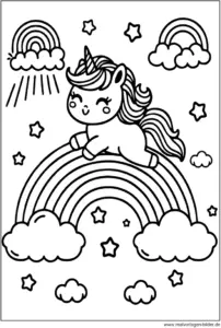 einhorn-auf-regenbogen-wolken-ausmalvorlage