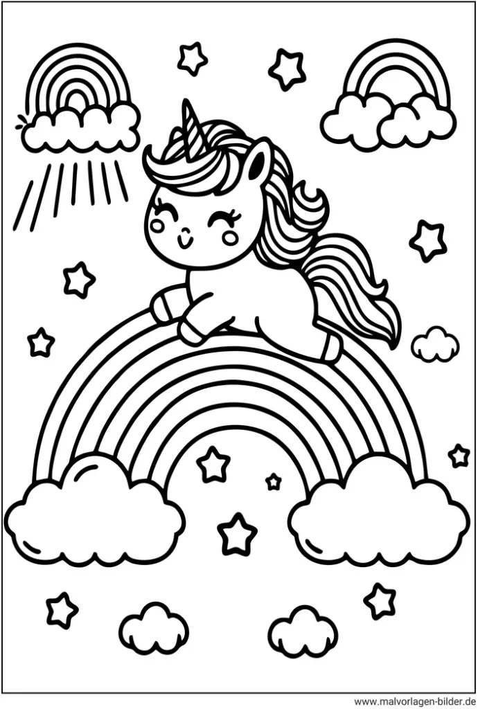 einhorn-auf-regenbogen-wolken-ausmalvorlage