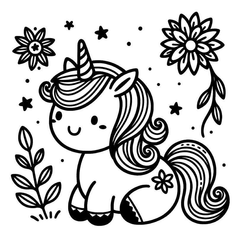 einhorn-blumen-und-sternen-malvorlage