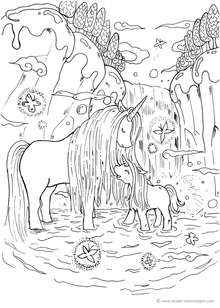 einhorn-fohlen-am-wasserfall-ausmalvorlage