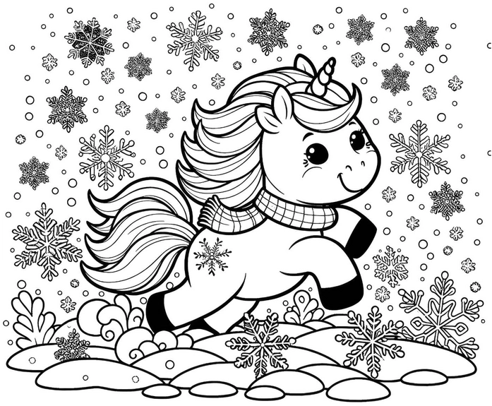 einhorn-im-winter-mit-schneeflocken-malvorlage