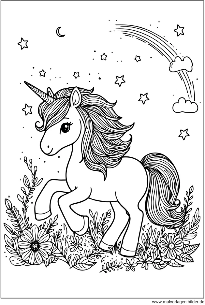 einhorn-in-blumenlandschaft-ausmalvorlage
