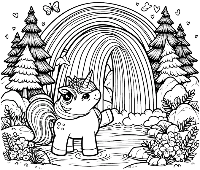 einhorn-mit-blumen-und-regenbogen-malvorlage