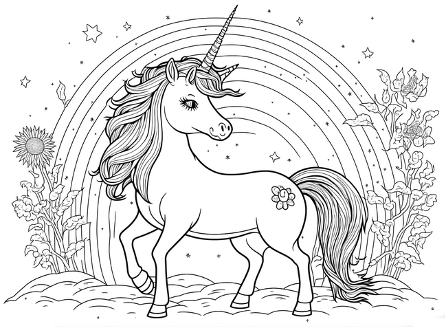 einhorn-mit-regenbogen-und-blumen-ausmalvorlage