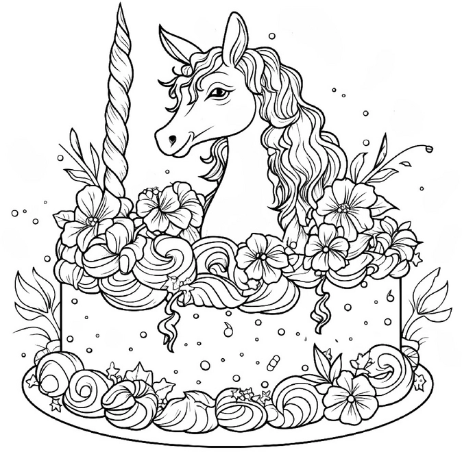 einhorn-mit-torte-und-blumen-malen