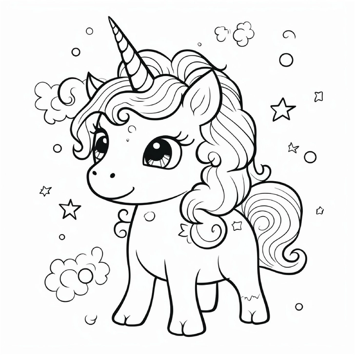 einhorn-mit-wolken-und-sternen-malvorlage