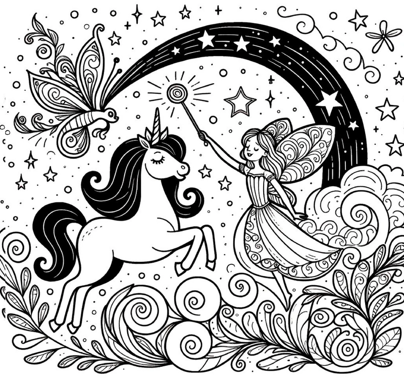 einhorn-und-fee-mit-regenbogen-ausmalbild