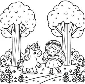 einhorn-und-maedchen-im-wald-ausmalbild