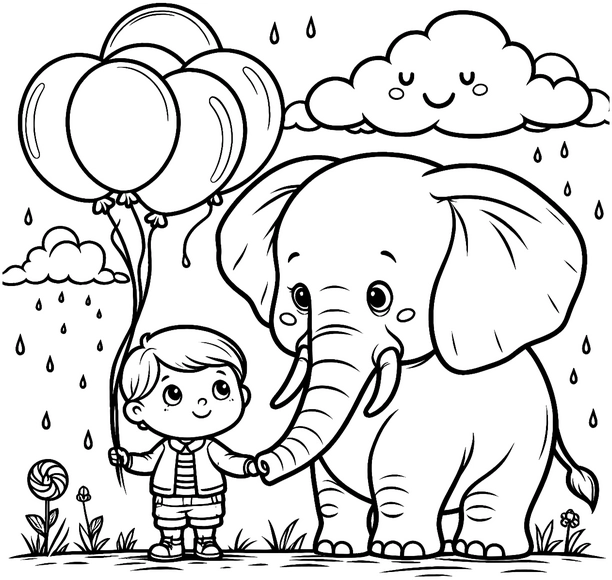 elefant-und-junge-mit-luftballons-ausmalbild